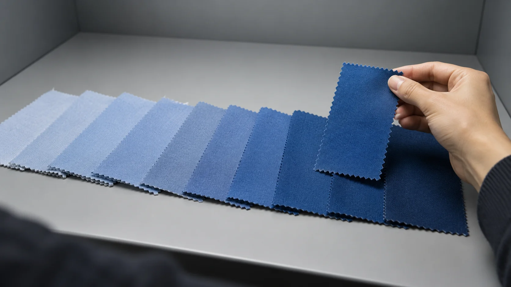 A hand holds up a dark blue fabric swatch beside a fanned row of swatches graduating from pale to deep blue on a grey viewing table.