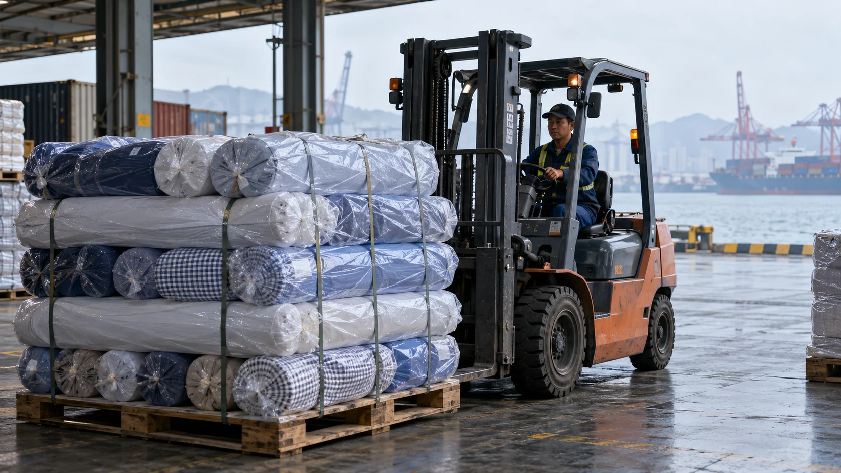 Rolls of finished shirting fabric, wrapped in protective plastic sleeves, are stacked onto a pallet at a covered loading dock near a Chinese port, a small forklift