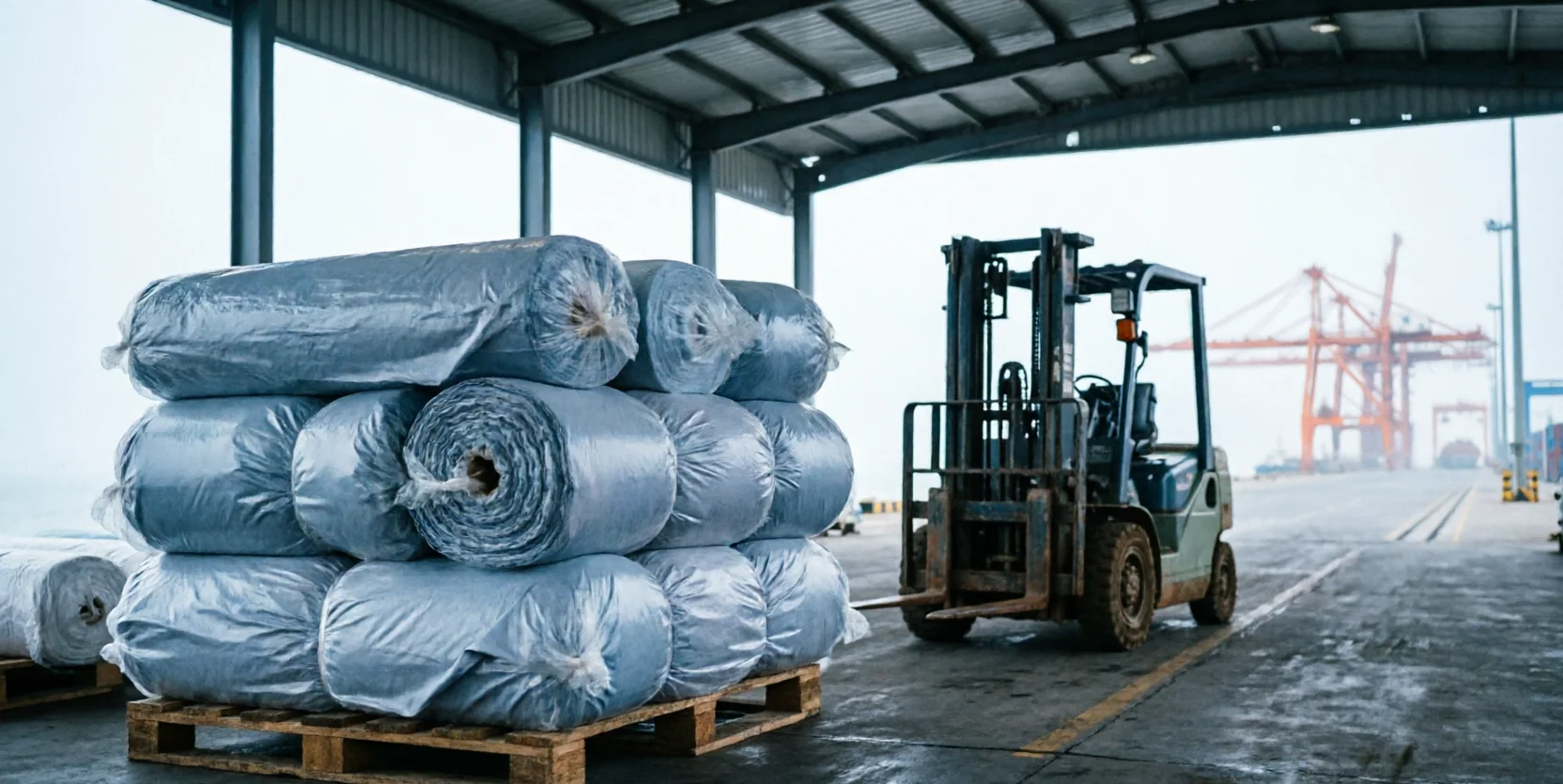 Rolls of plastic-wrapped fabric are stacked on a pallet at a covered dock as a forklift approaches, with port cranes visible in the coastal haze.