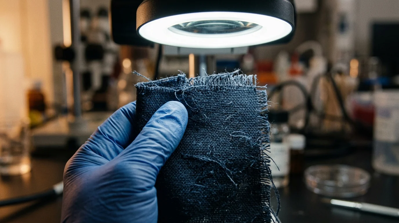 A gloved hand holds a frayed-edged dark fabric swatch under a round ring-light magnifier, showing individual fibers in close detail.