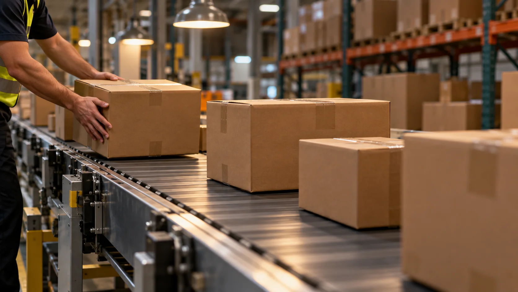 Rows of boxed toys moving along a clean packing line, a worker's hands placing a sealed carton onto a conveyor beneath a hanging warehouse light, cartons visibly sized