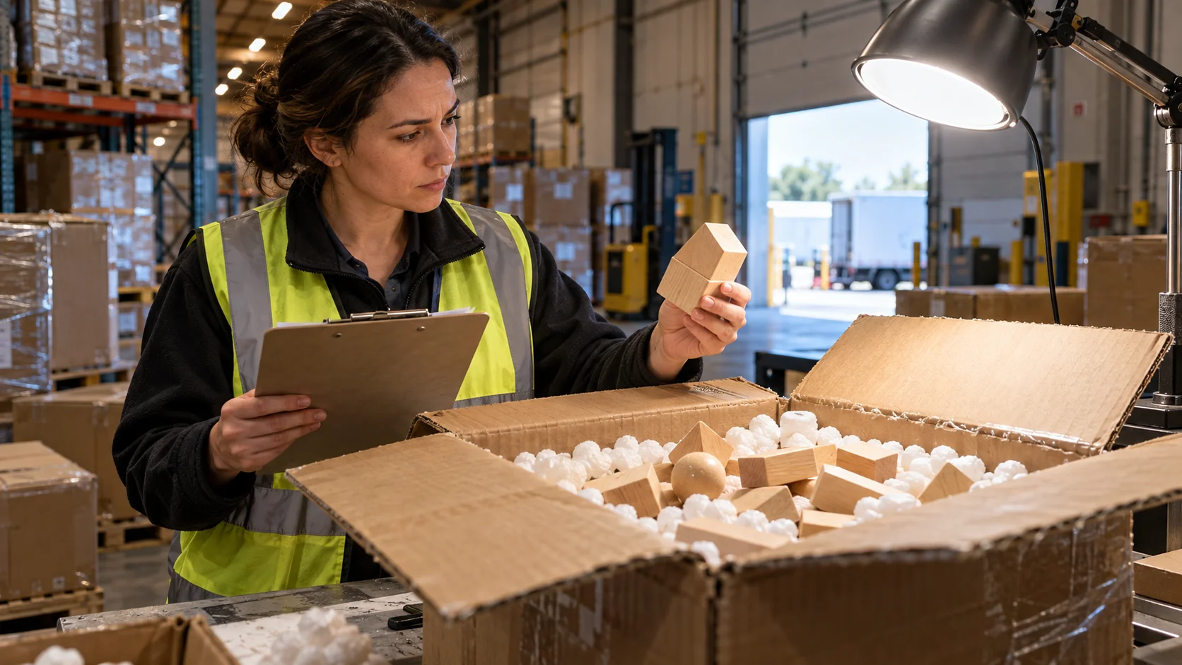 A warehouse receiving clerk inspecting an opened carton of toys against a printed manifest on a clipboard, the paper angled away from camera, one toy lifted partway out
