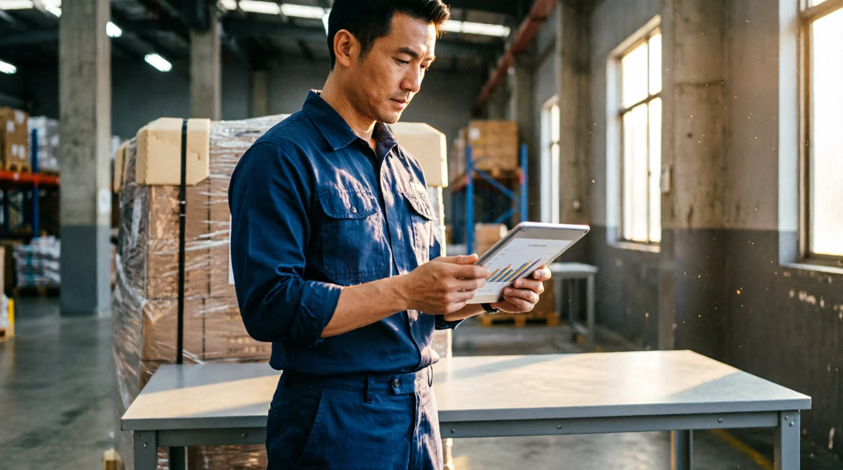 A logistics manager standing at a warehouse desk beside a palletized shipment, reviewing a tablet displaying a simple value chart with the screen angled away from camera, late-afternoon light through a nearby window catching dust in the air.