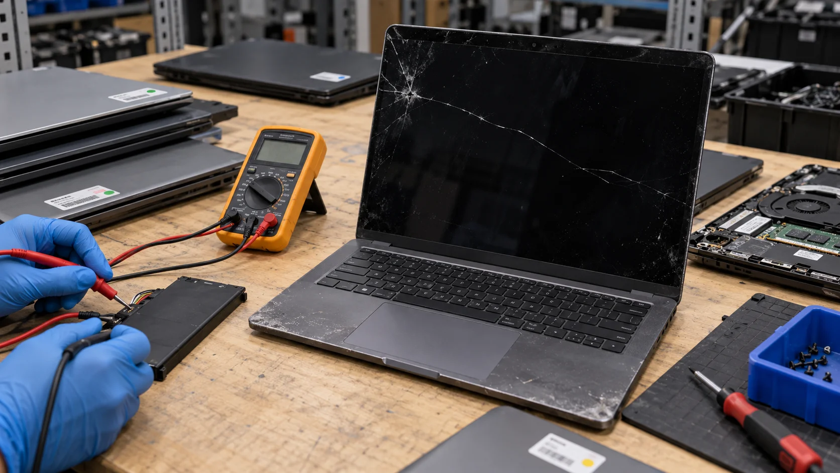 A workbench flatlay of assorted off-lease business laptops mid-inspection, one open showing a cracked-but-functional screen, a technician's gloved hands (out of frame at