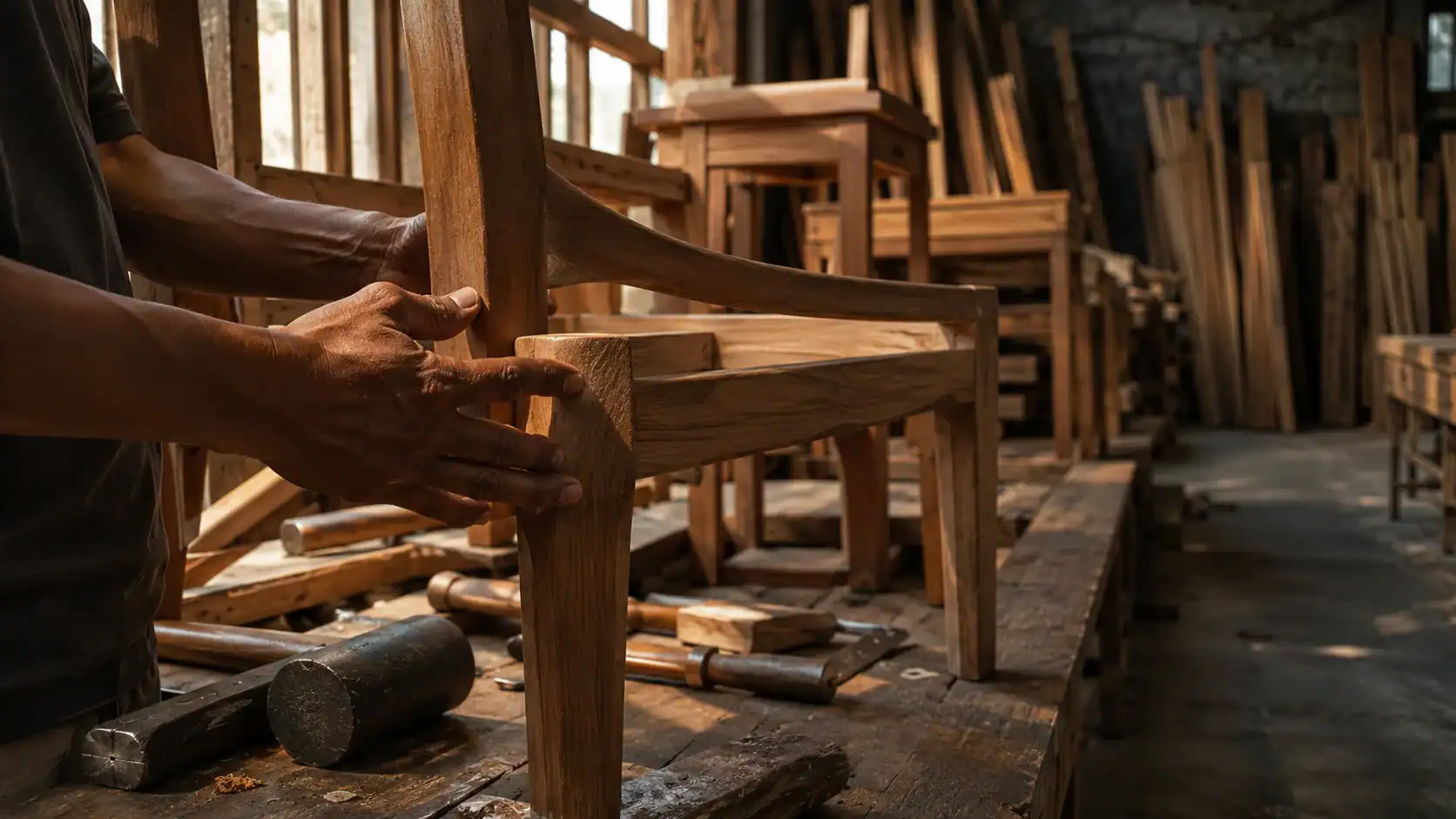 Furniture workshop craftsman fitting a wooden chair leg joint by hand, with timber stock, mallets and hand tools on the workbench