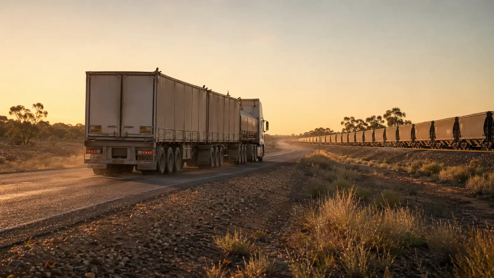 Semi-trailer truck on a rural highway running parallel to a long freight train at sunset