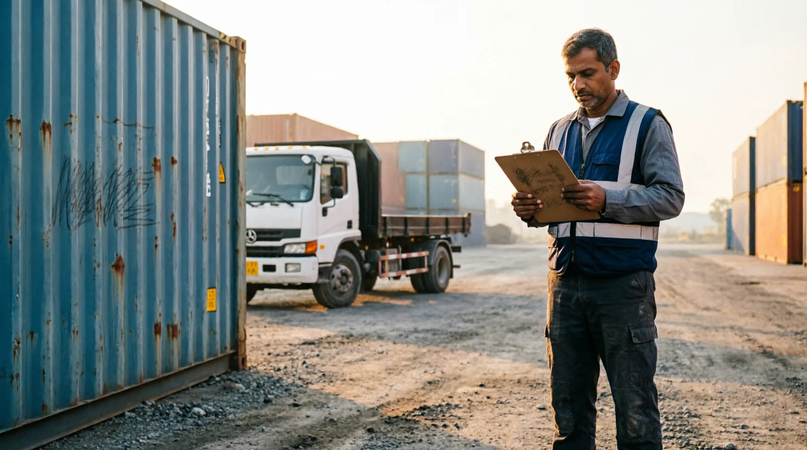 A loaded freight truck at a rural rail-terminal drayage yard, containers stacked nearby, an operator checking a clipboard against a container number,