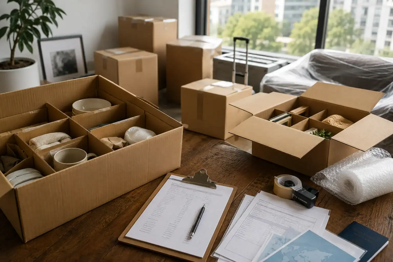 International moving checklist with packed boxes and labelled containers