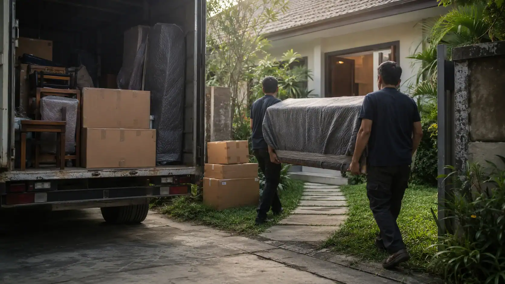 Abstract editorial illustration of a household removal in transit, shifting from cool European tones to warm tropical amber, representing the journey from origin packing through to arrival in Thailand