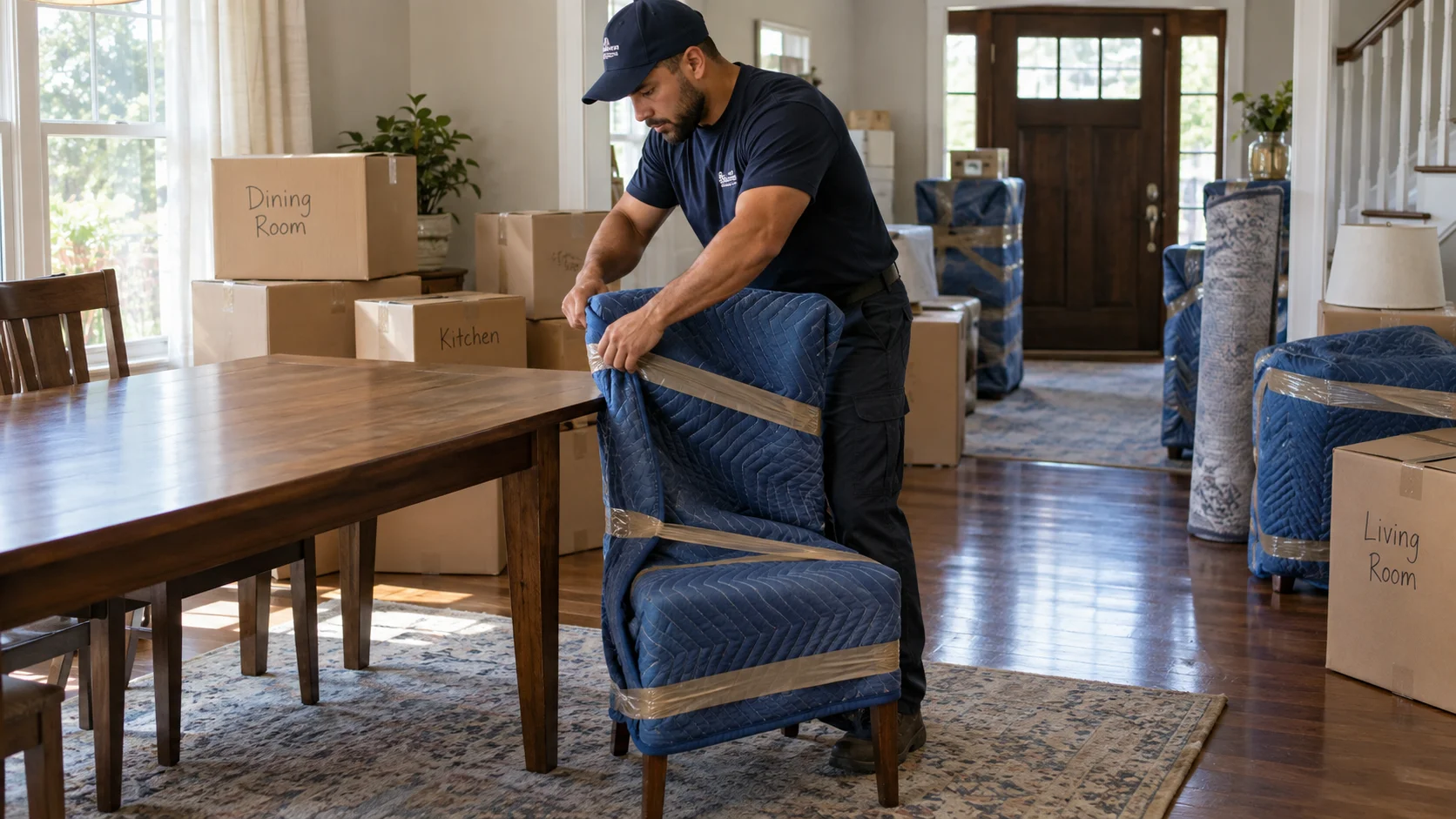 Professional packer wrapping a wooden dining chair in protective blanket material inside a client's home