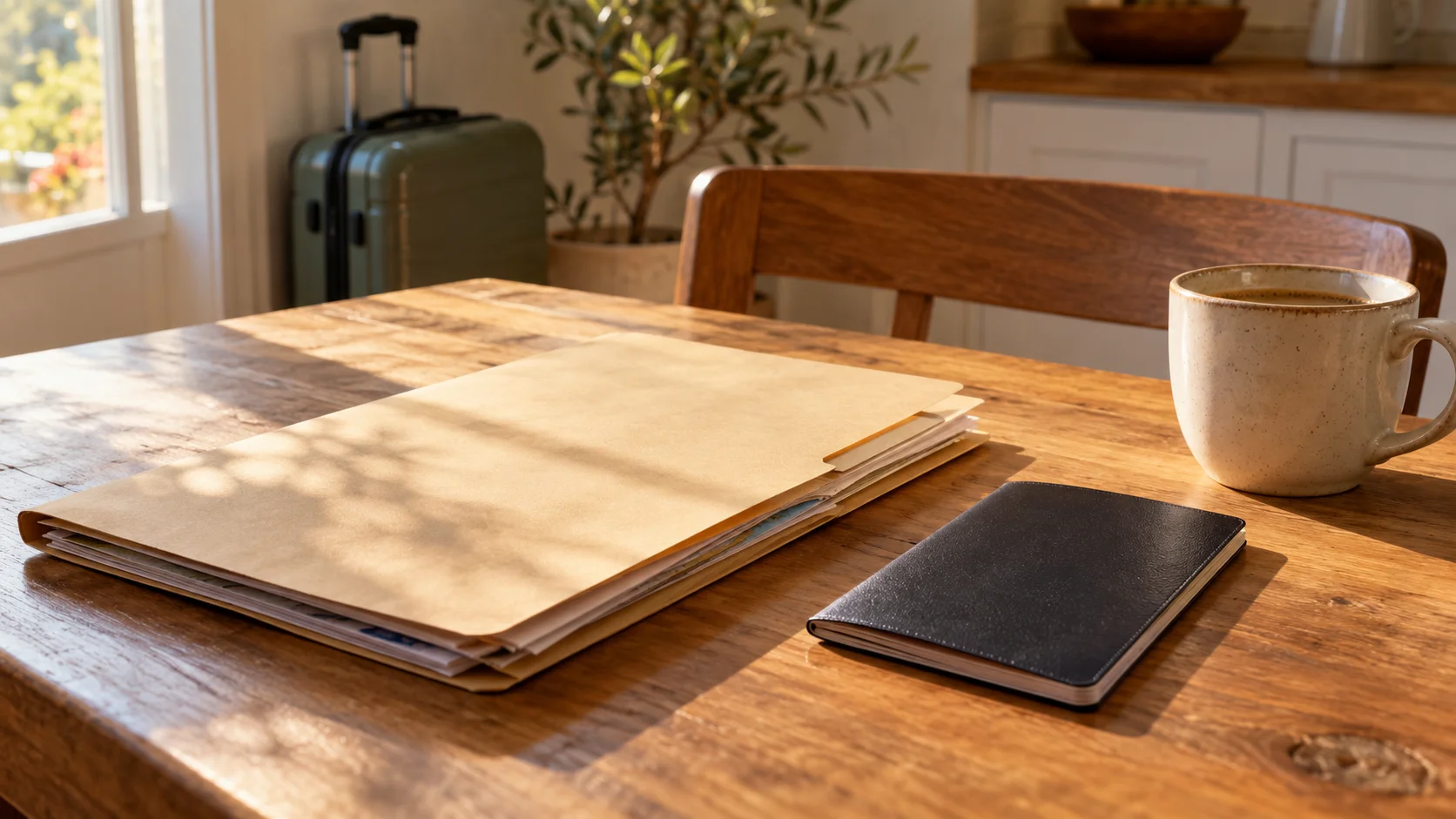 A moving folder and a passport-sized document resting beside a coffee cup on a sunlit kitchen table