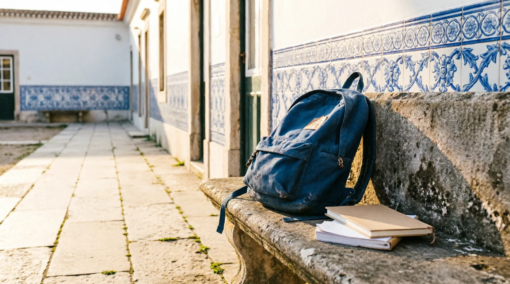 Cour ensoleillée d'un bâtiment scolaire portugais avec des touches de carreaux azulejo
