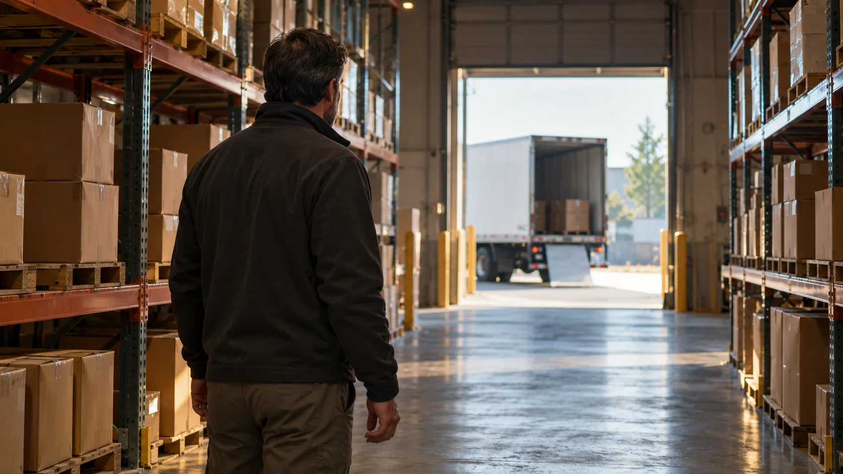 Man seen from behind in a racked warehouse aisle, watching a truck at the open dock door, illustrating waiting for stock