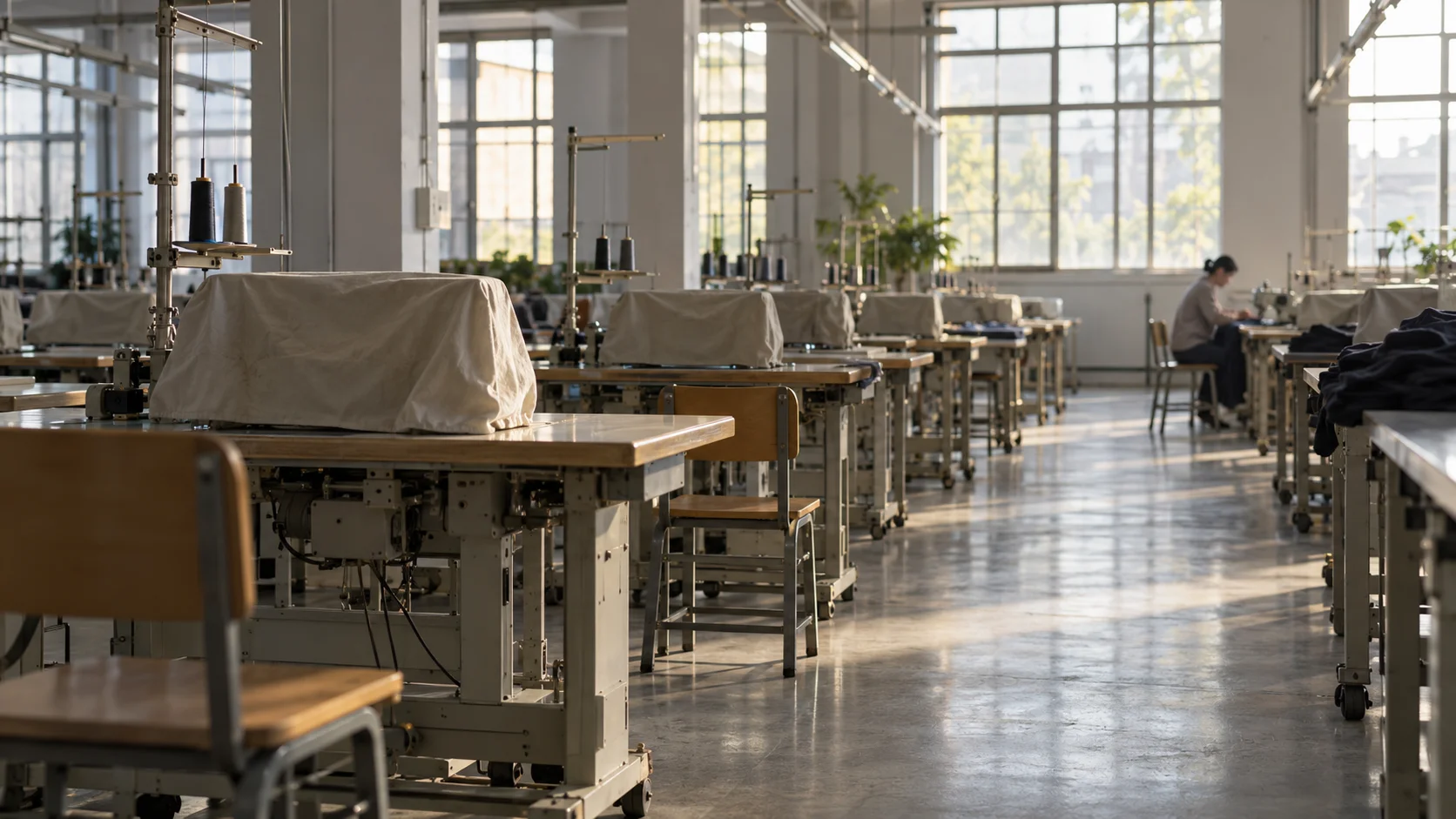 Sewing machines under cloth covers at empty workstations, one worker far back, showing a mostly idle factory during closures