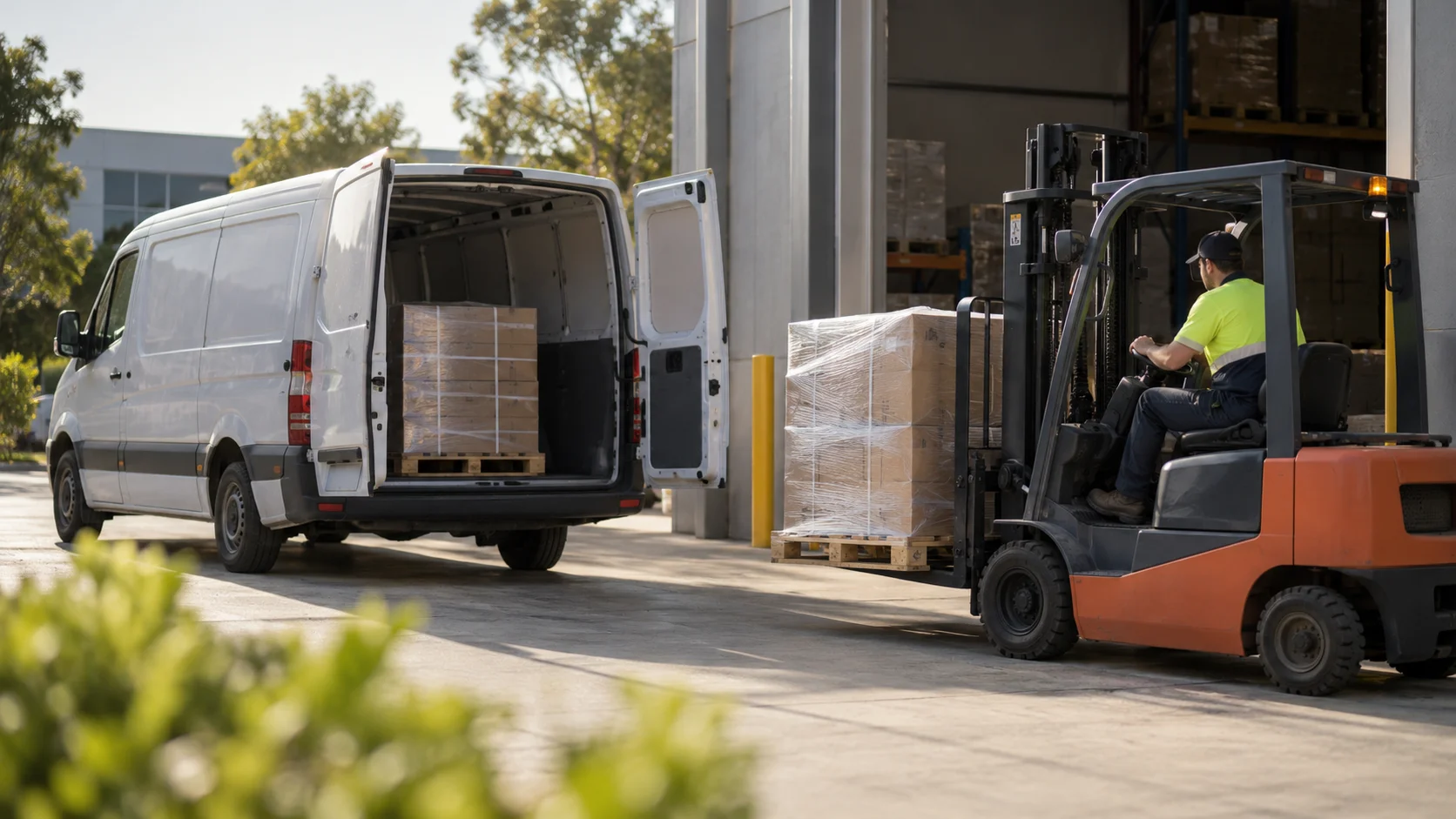Forklift with a wrapped pallet beside a white van already holding one, illustrating smaller and more frequent restock deliveries