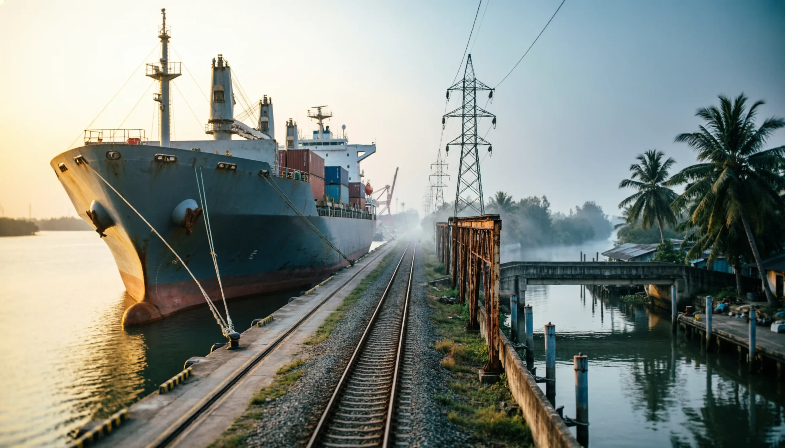 Two Thai port environments in one frame, a deep-water container terminal transitioning into a smaller inland river port connected by an industrial corridor