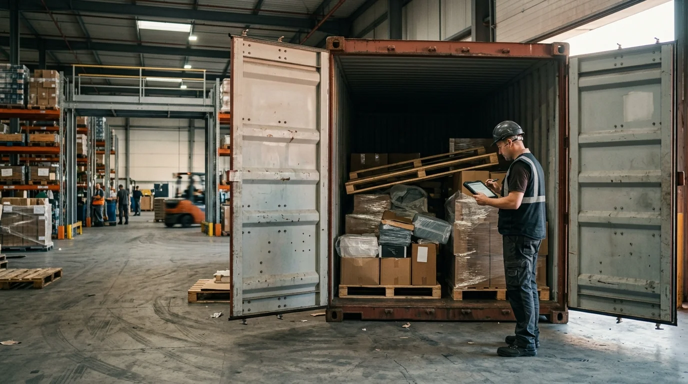 A worker in a hard hat checks a tablet beside a partially loaded shipping container holding wrapped pallets and stacked boxes.