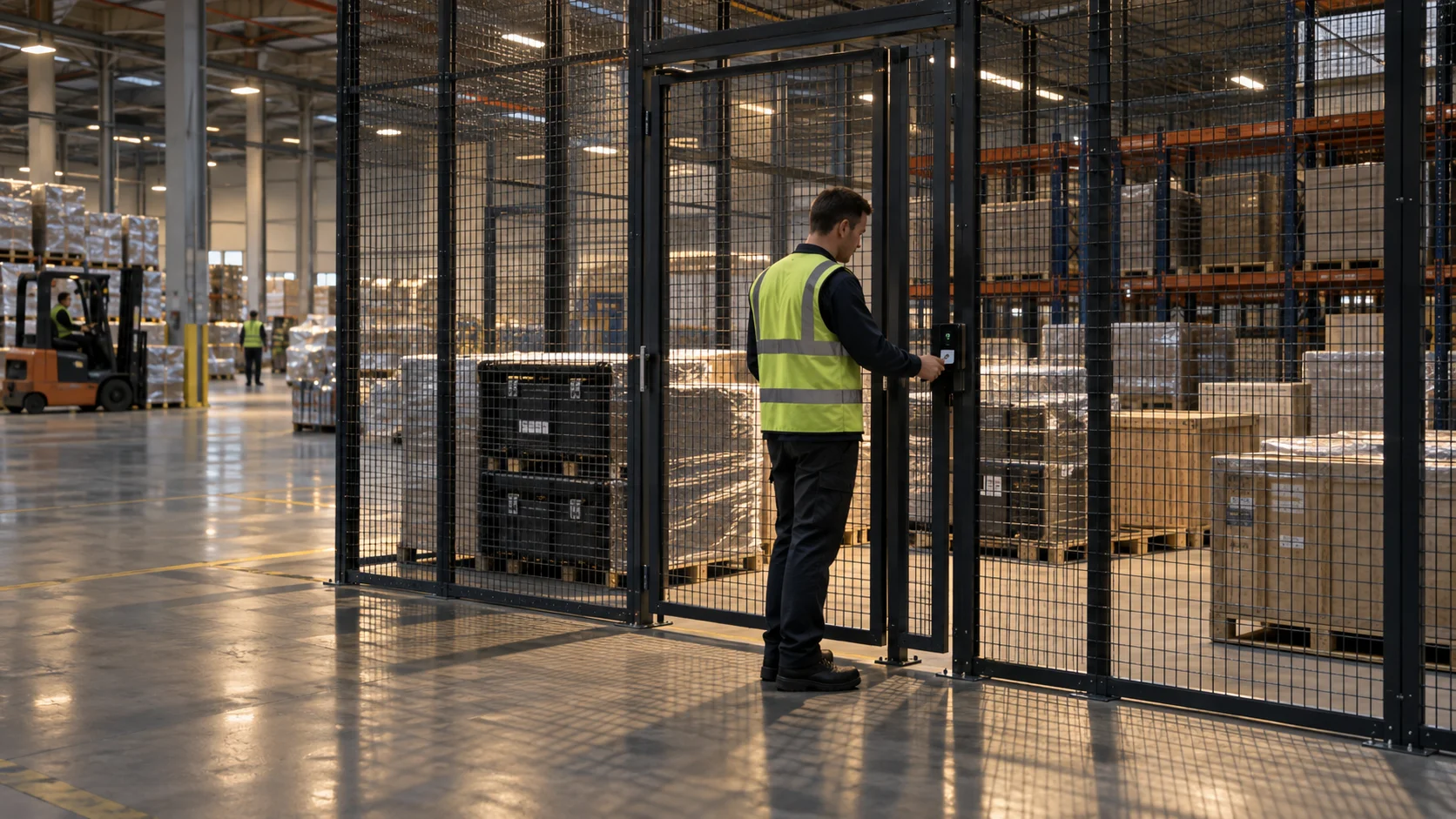 A warehouse worker uses a keypad to unlock a mesh security cage holding pallets of goods, with the open warehouse floor visible beyond.