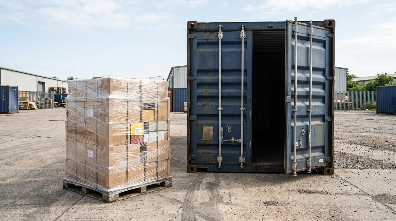 A single shrink-wrapped pallet sits parked beside a much larger open shipping container in a sunny warehouse yard, highlighting the size difference.