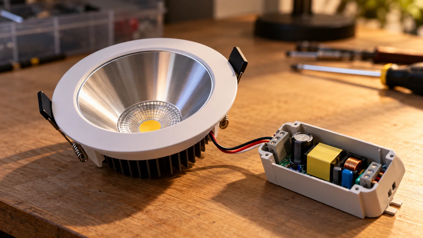 Photorealistic cinematic. A single LED downlight fitting opened on a clean workbench with its driver module lifted out and set beside it, both in sharp focus, warm task