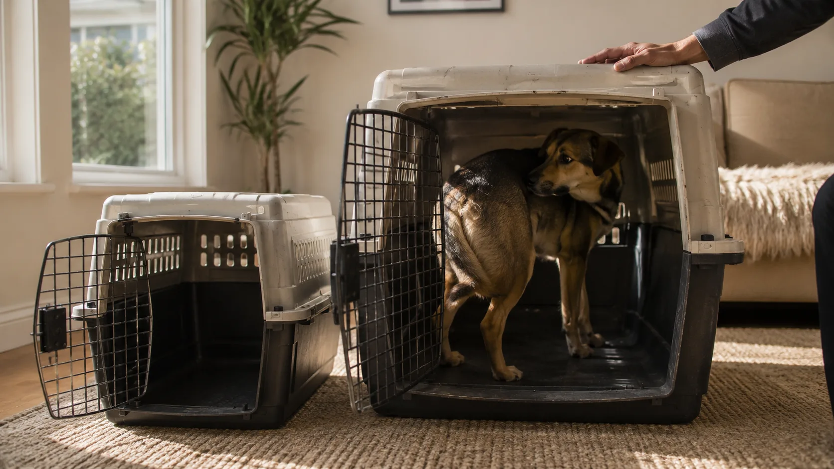 Three original assets per the cluster brief still pending: (1) a dog measurement video showing the A/B/C/D measurement points being taken; (2) a cat-s