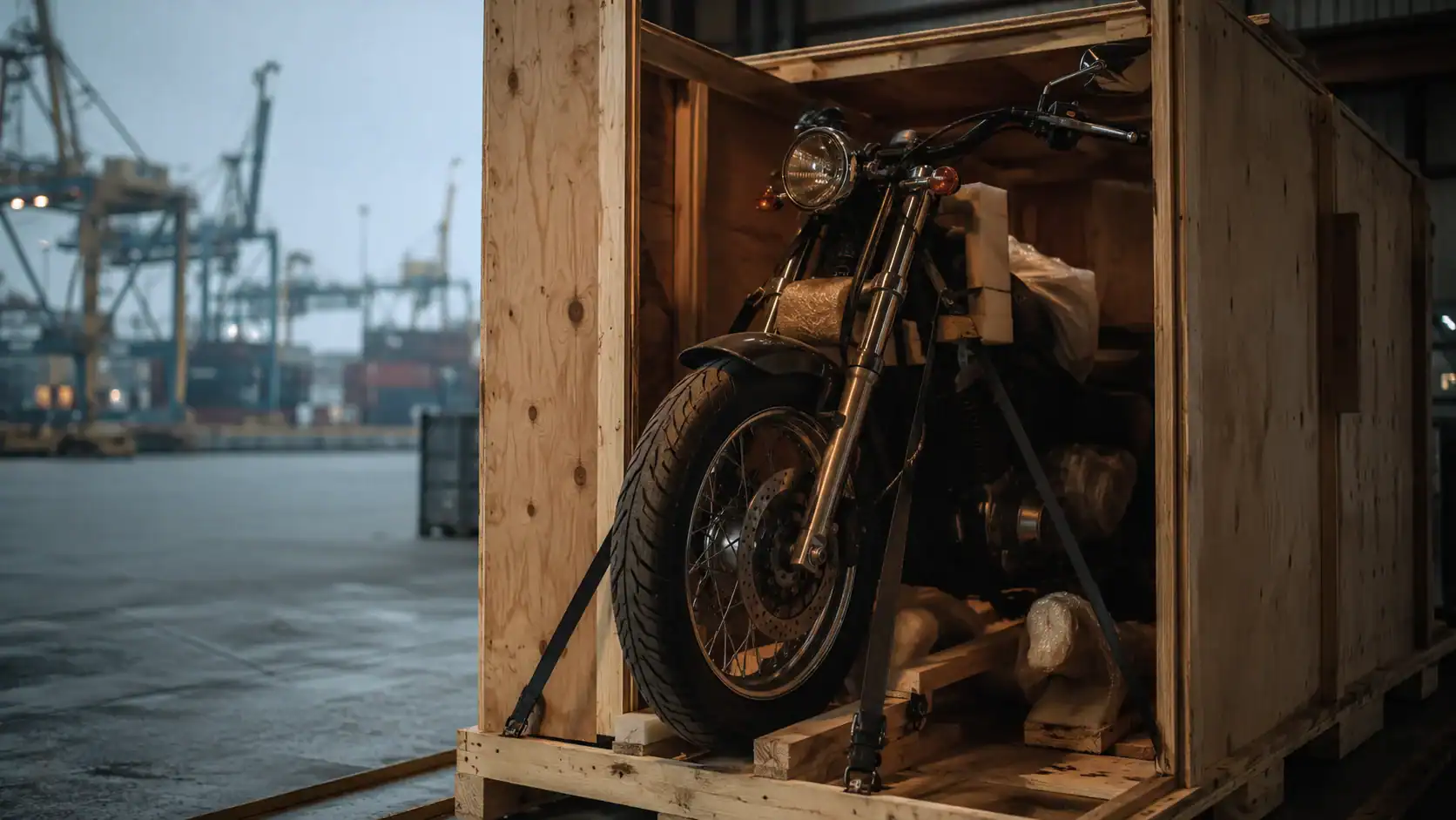 A motorcycle strapped upright inside an open wooden shipping crate on a port apron, gantry cranes and stacked containers visible in the background at dusk