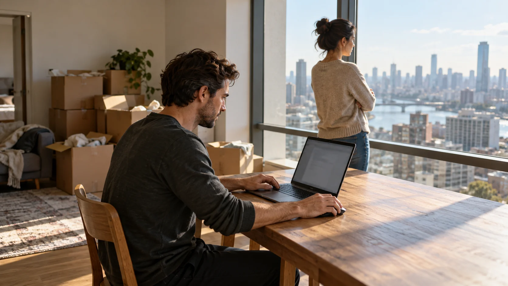 In a bright rented apartment serving as a temporary home office, one person works focused at a laptop by the window while their partner stands nearby looking out at an
