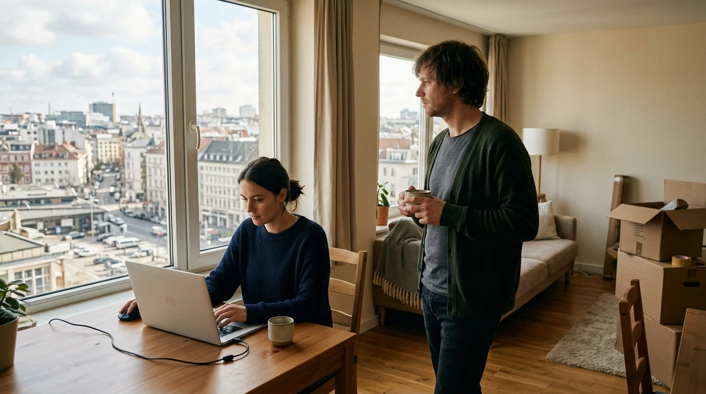 In a temporary apartment, one person works at a laptop by the window while another looks out at the city skyline, moving boxes in the corner.