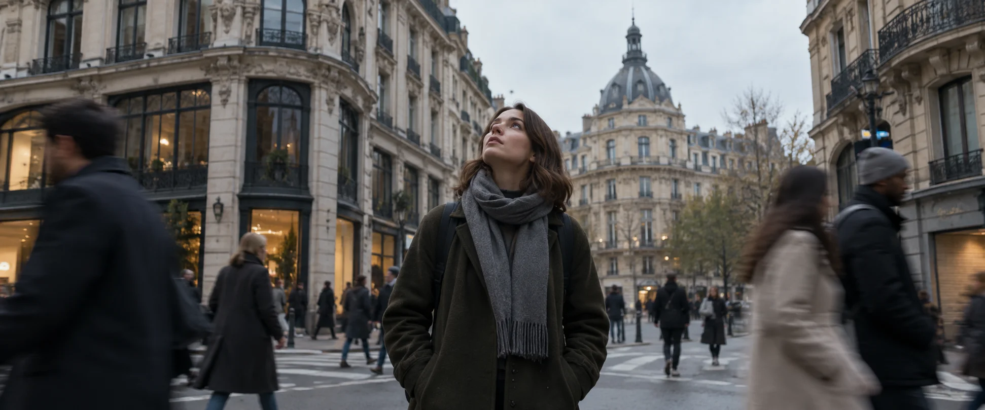 A woman pauses on a busy European street corner looking up at ornate architecture as blurred pedestrians pass.