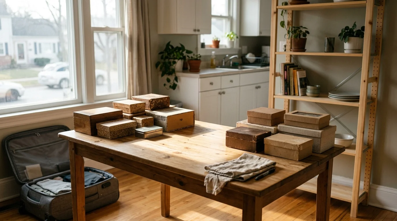 Small keepsake boxes are grouped on a kitchen table near an open suitcase and a shelf, morning light streaming in.