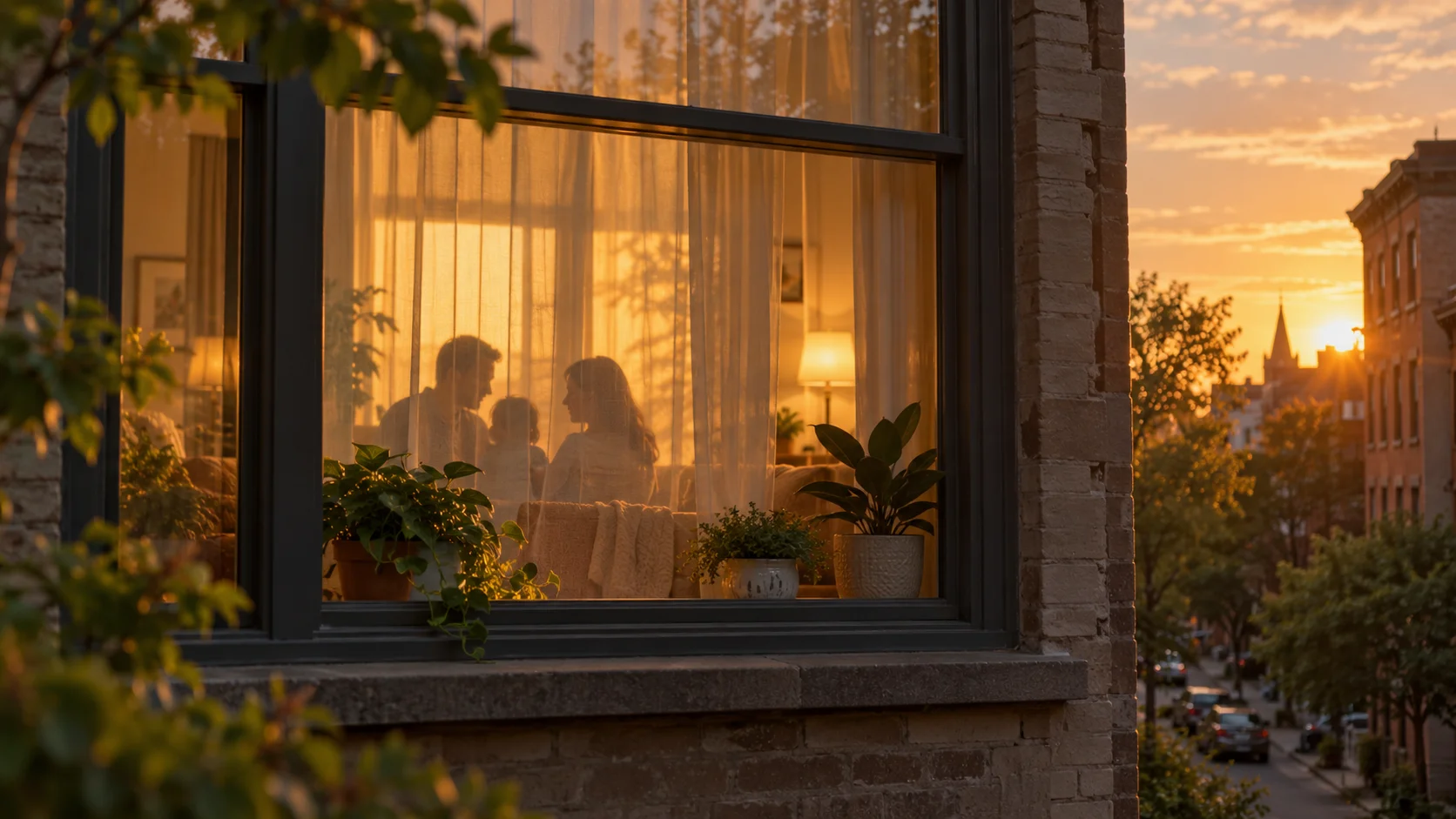 A family's silhouette is visible through sheer curtains in a warmly lit window at golden hour.