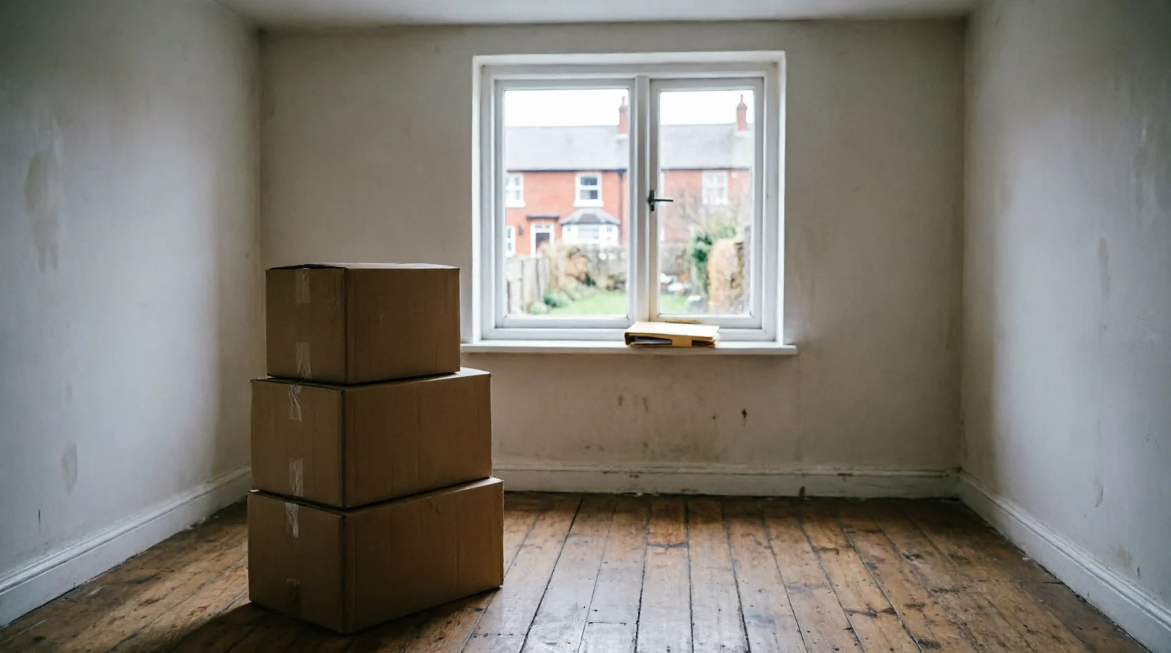 An empty room with stacked moving boxes beside a window overlooking a UK terraced street, representing a move back to the UK from Portugal