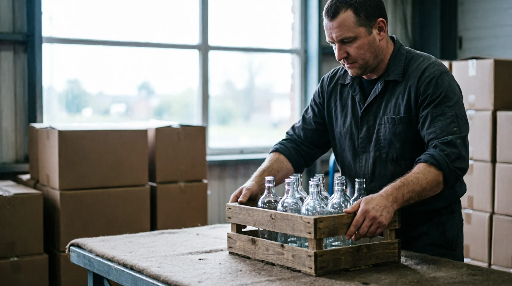 A Belgian removalist carefully setting aside a small crate of glass bottles on a felt-lined packing bench in a bright warehouse.
