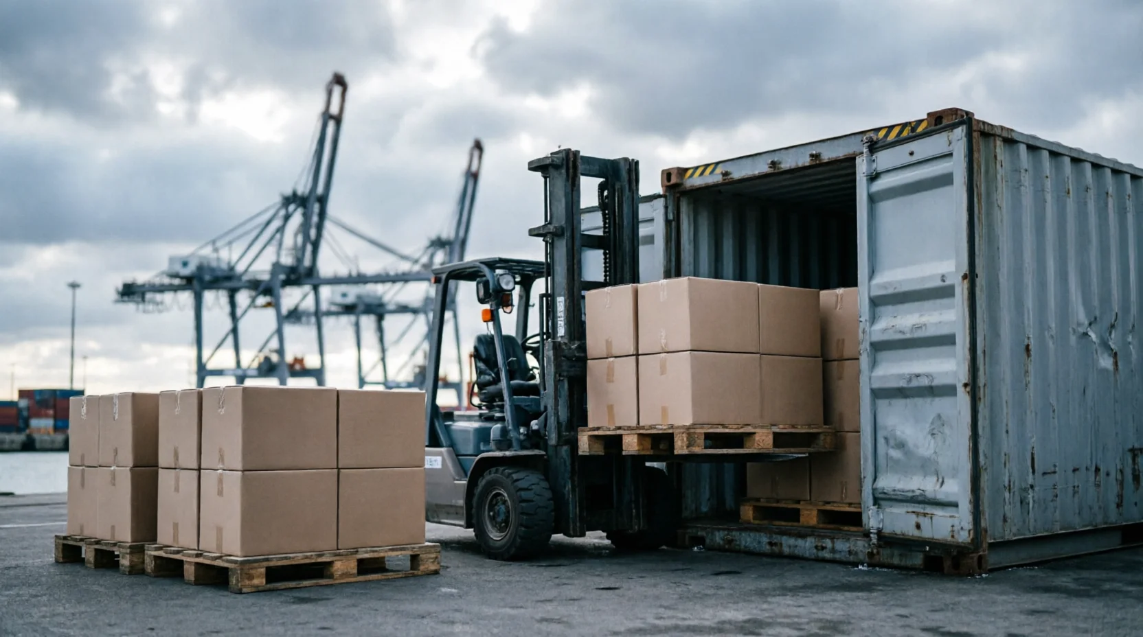 Palletized household cartons being loaded into a shared consolidation container at Antwerp.