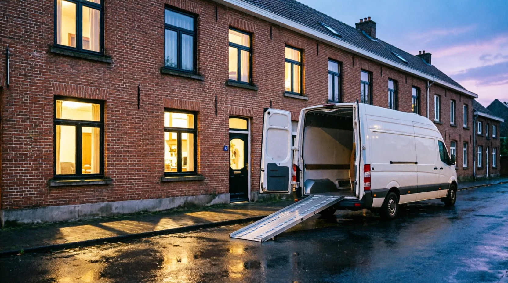 A modest Belgian rowhouse at dusk with a moving van parked outside, its rear doors open and a ramp extended.