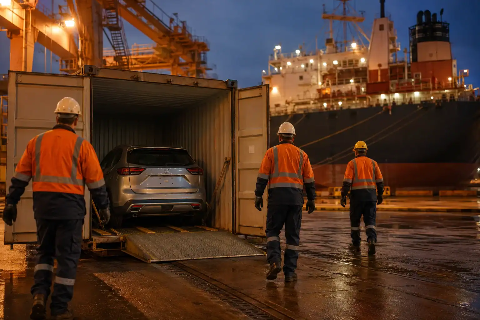 Vehicle being loaded into shipping container at Australian port for Thailand export