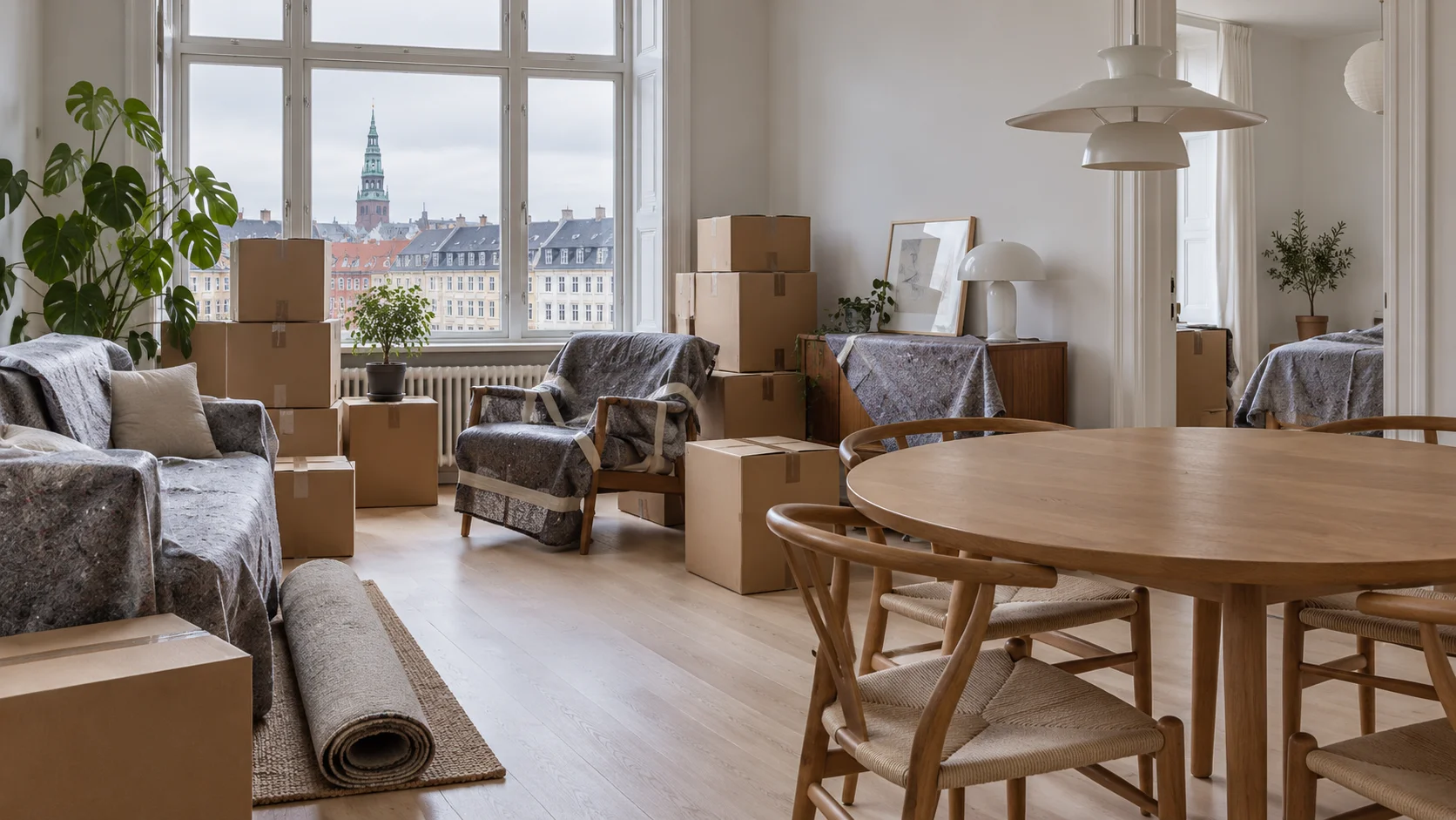 A Copenhagen apartment mid-packing: moving boxes stacked near a tall window with soft Scandinavian daylight, minimalist Danish furniture partially wrapped in protective