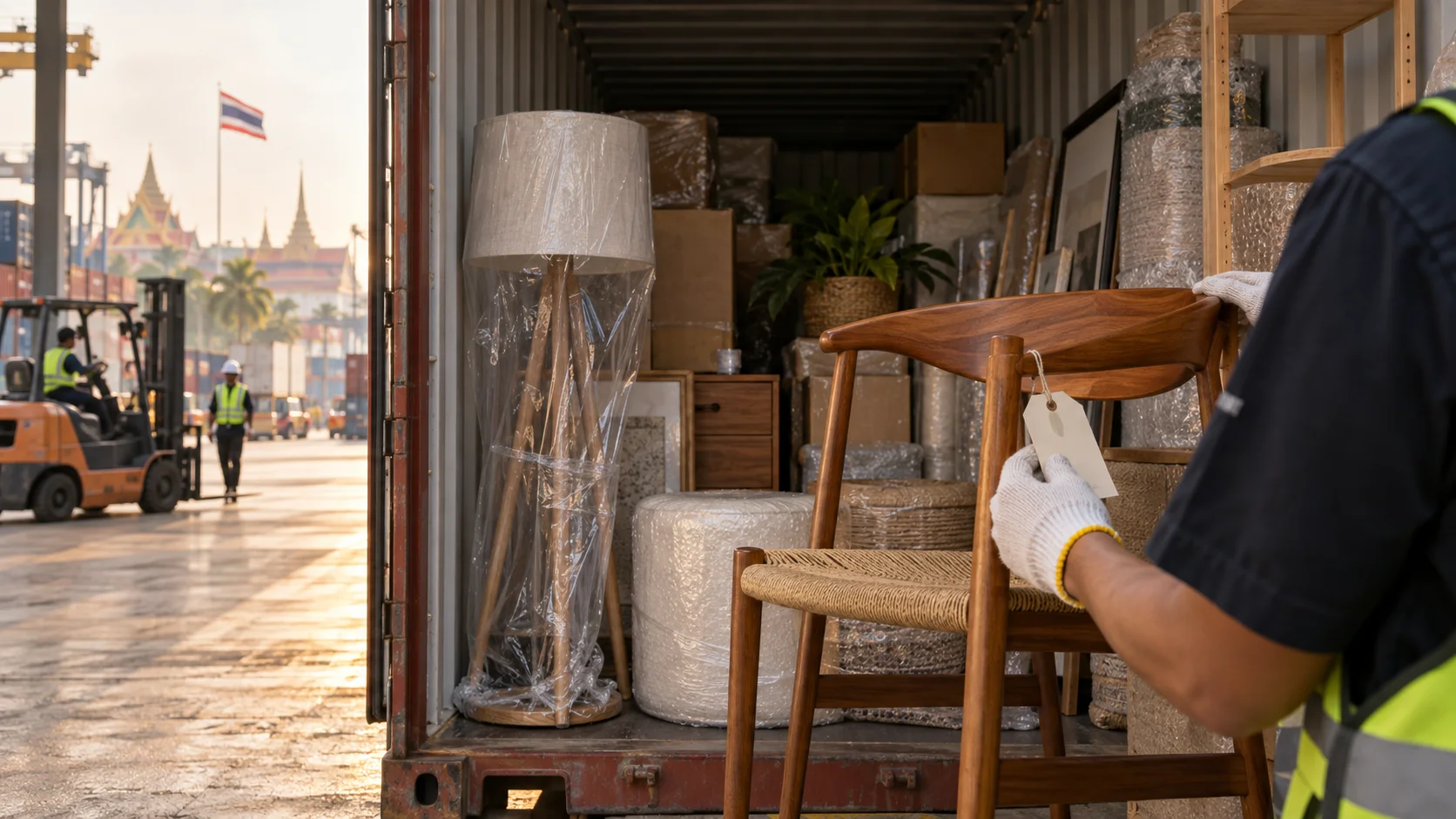 Container contents checked at a Thai bonded receiving area, including a teak-toned chair