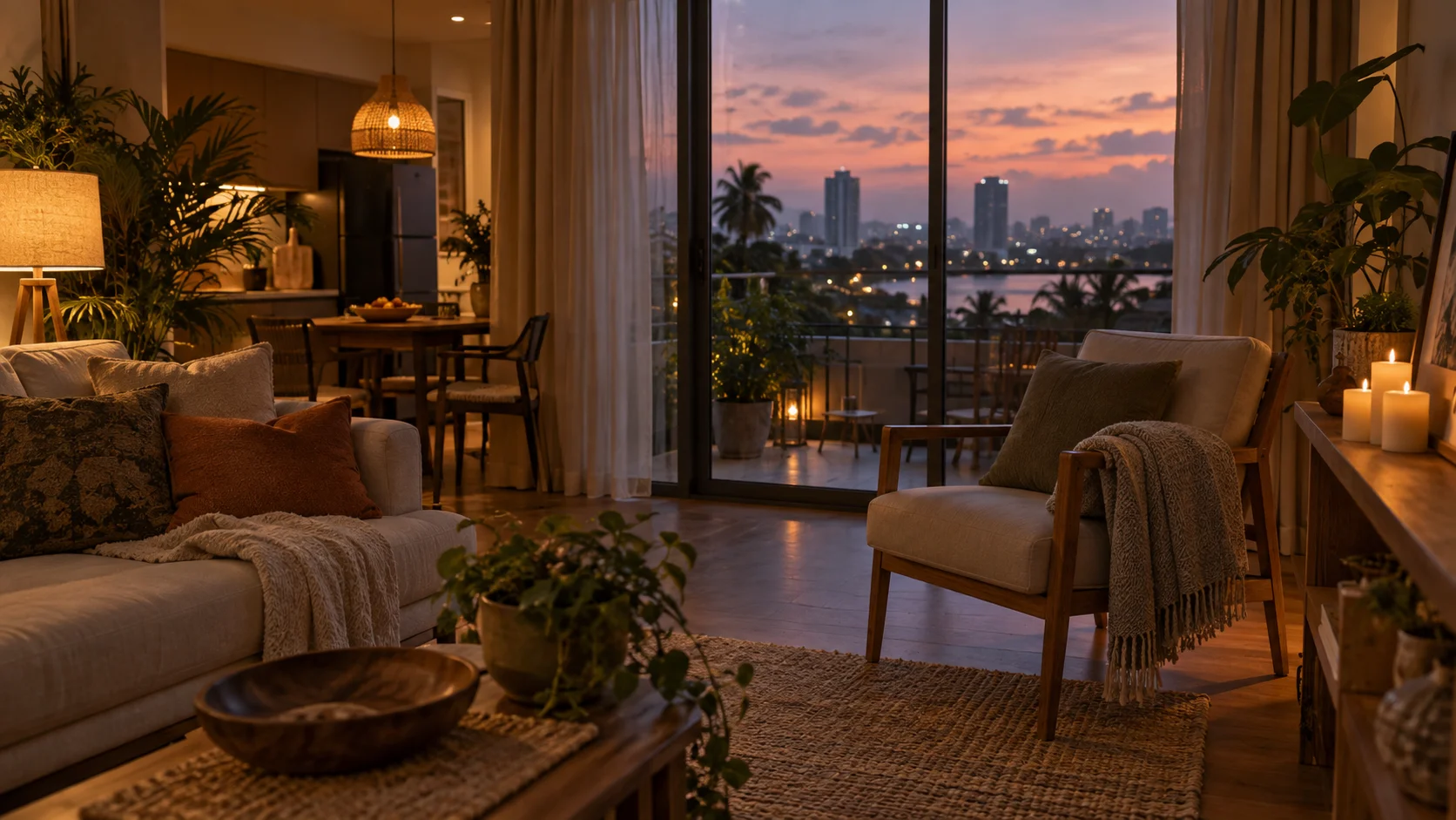 Dusk living room with lit candles, wool throws and house plants, and a balcony view of a city skyline and palm trees