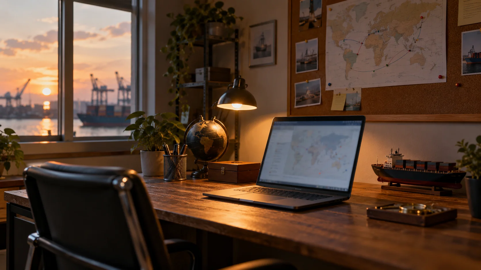 Small shipping-office desk in late-afternoon light