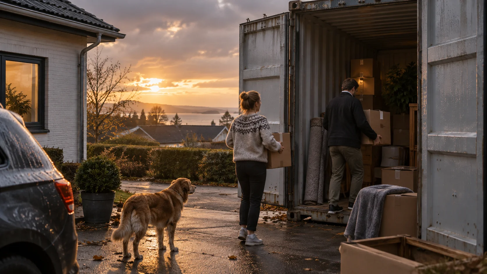 Shipping container door standing partially open in the driveway of a Danish home at dusk
