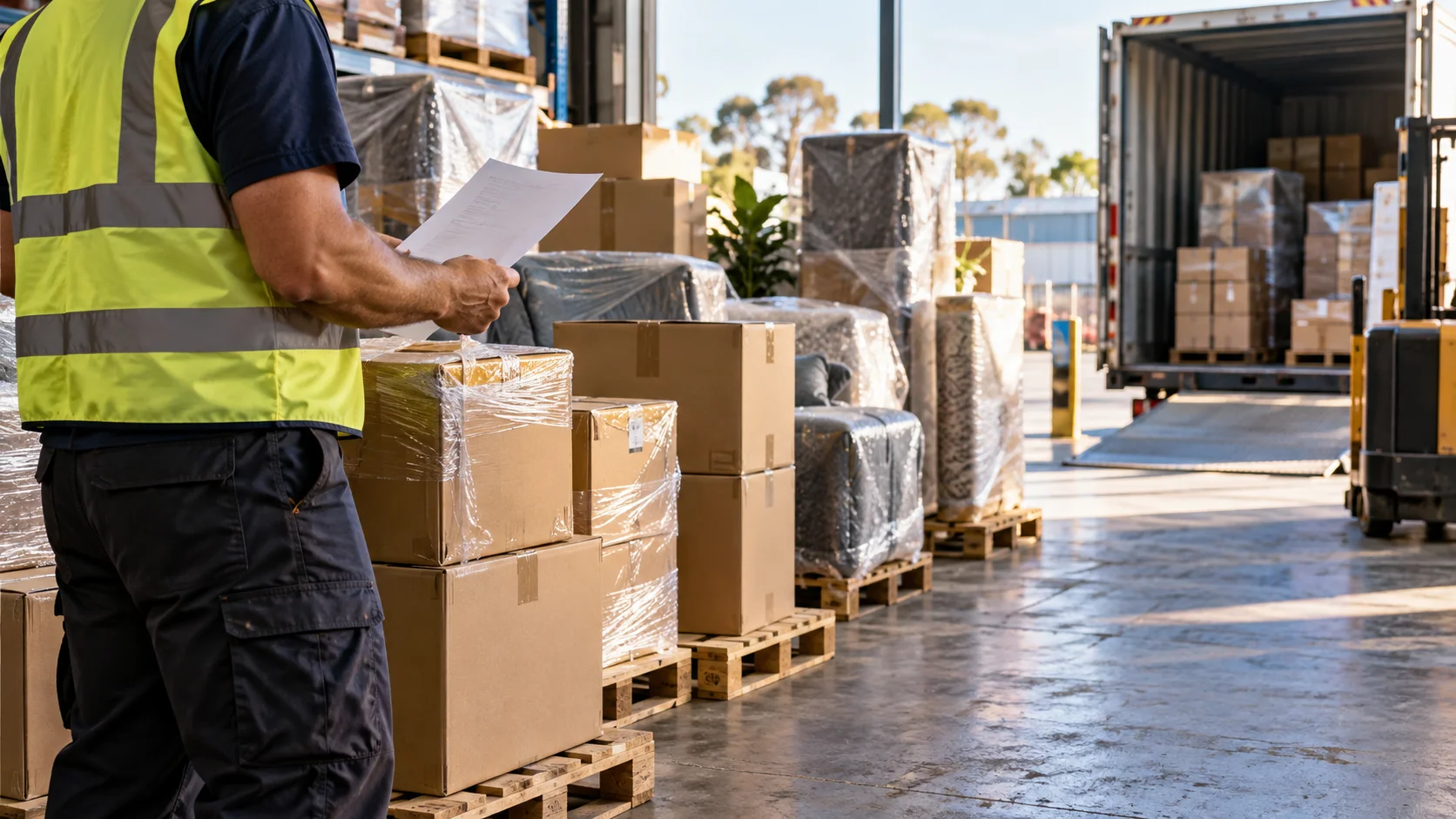Photorealistic cinematic editorial image, outcome-focused — an Australian rear commercial receiving area, organized pallets of household cartons and furniture being