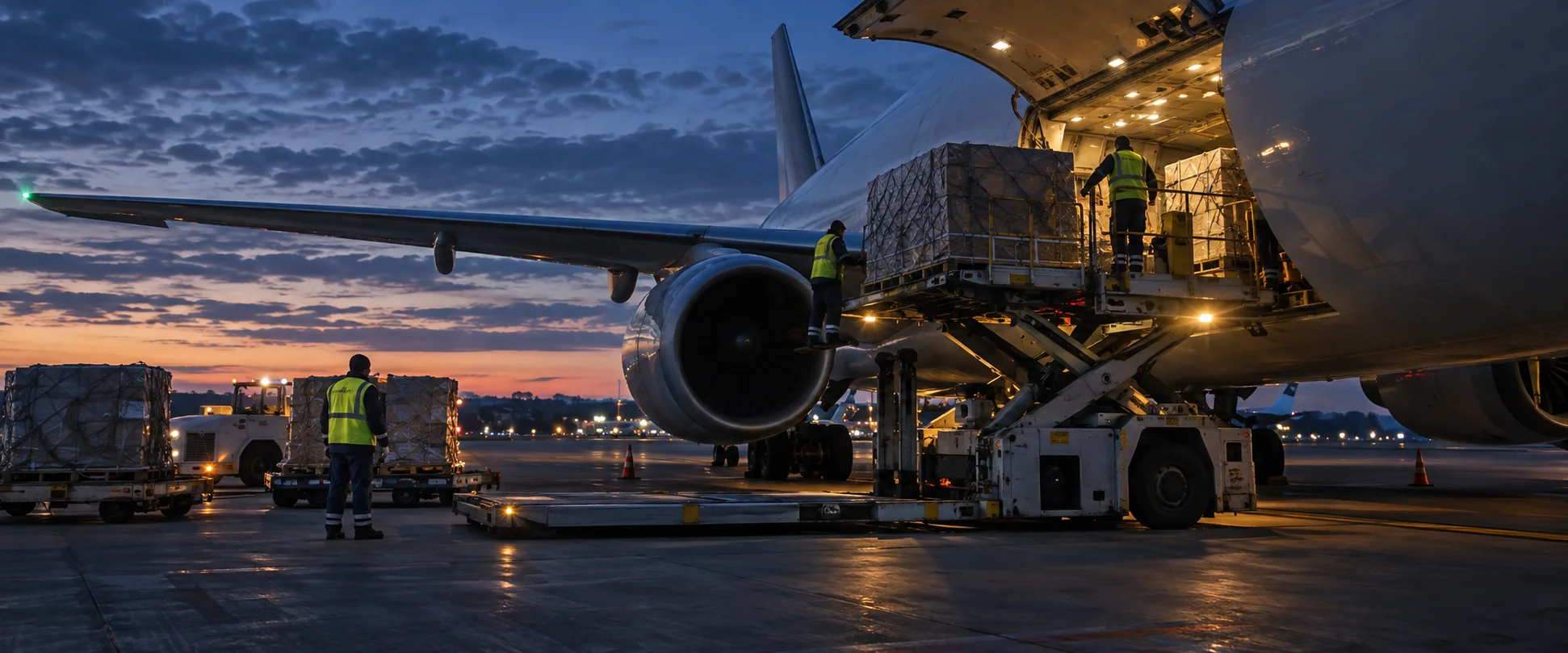 Ground crew load cargo into a plane's belly hold via a motorized loader on the tarmac at dusk.