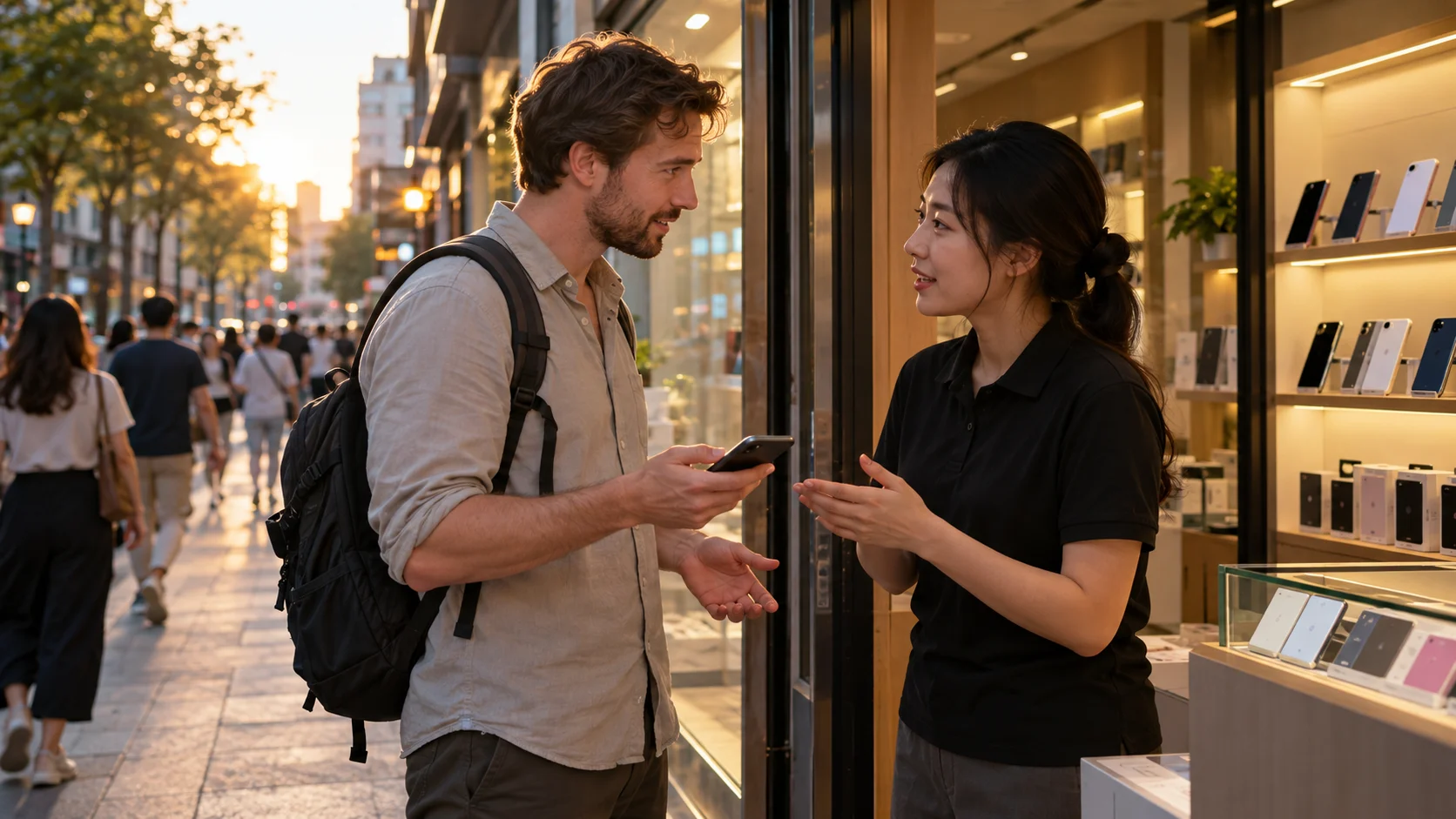 In a small Chinese mobile phone shop's doorway, a newly arrived expat stands mid-conversation with a staff member, phone in hand but screen unreadable, city street life