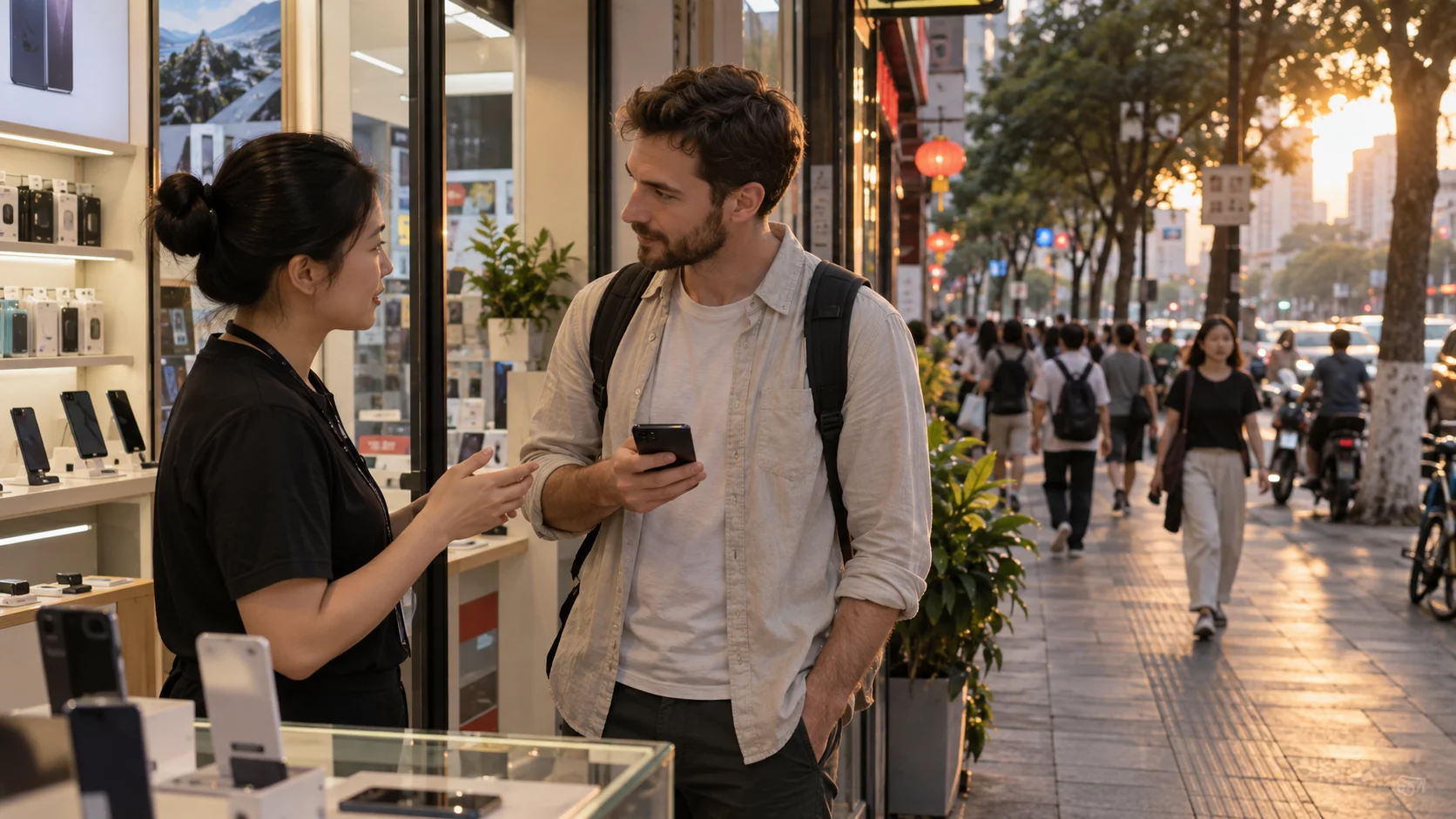 A man holds a phone with an unreadable screen while talking with a shop employee in a phone shop doorway.