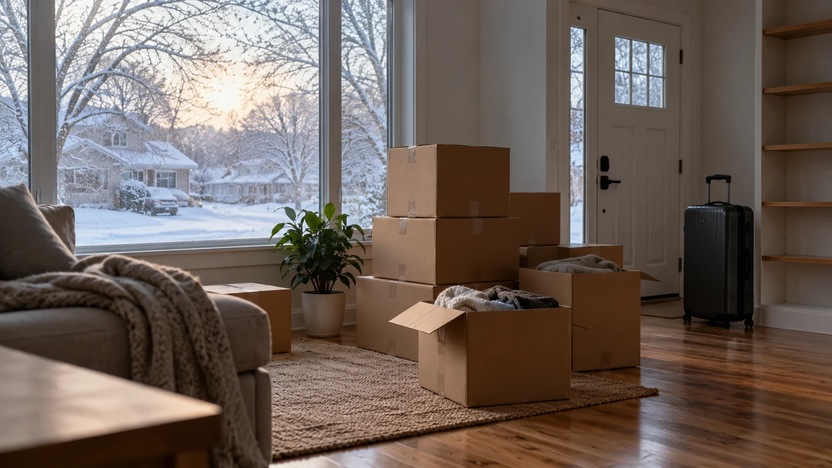 Half-packed living room with taped boxes and a suitcase by the door, snow falling outside, the start of an overseas move