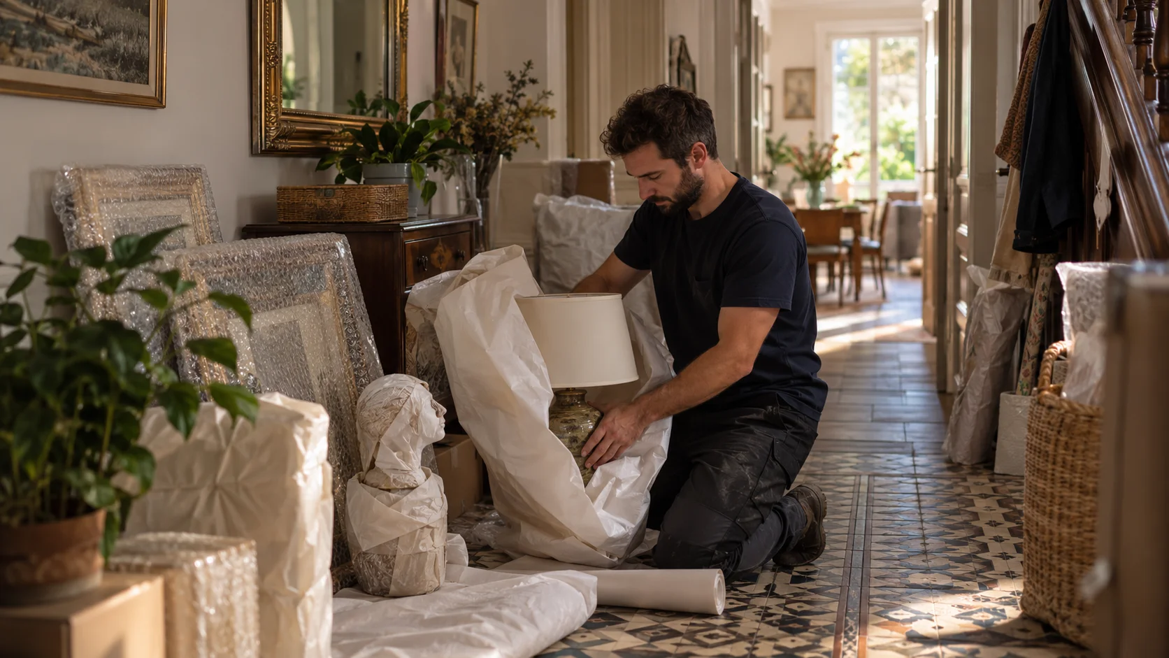 A mover kneels in an ornate French hallway wrapping a lamp base in paper beside other bubble-wrapped items.