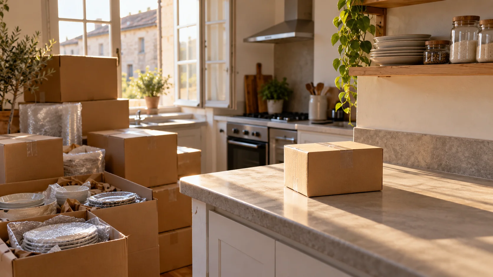 In a mostly packed French kitchen, a single small unmarked box sits alone on the otherwise empty counter while wrapped kitchenware fills sealed boxes stacked nearby,