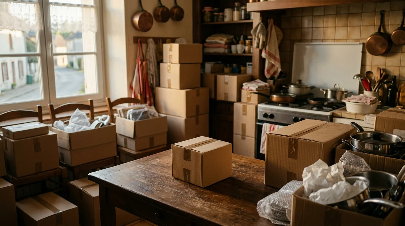 A small taped cardboard box sits alone on a table in a French kitchen surrounded by packed boxes and copper pots.