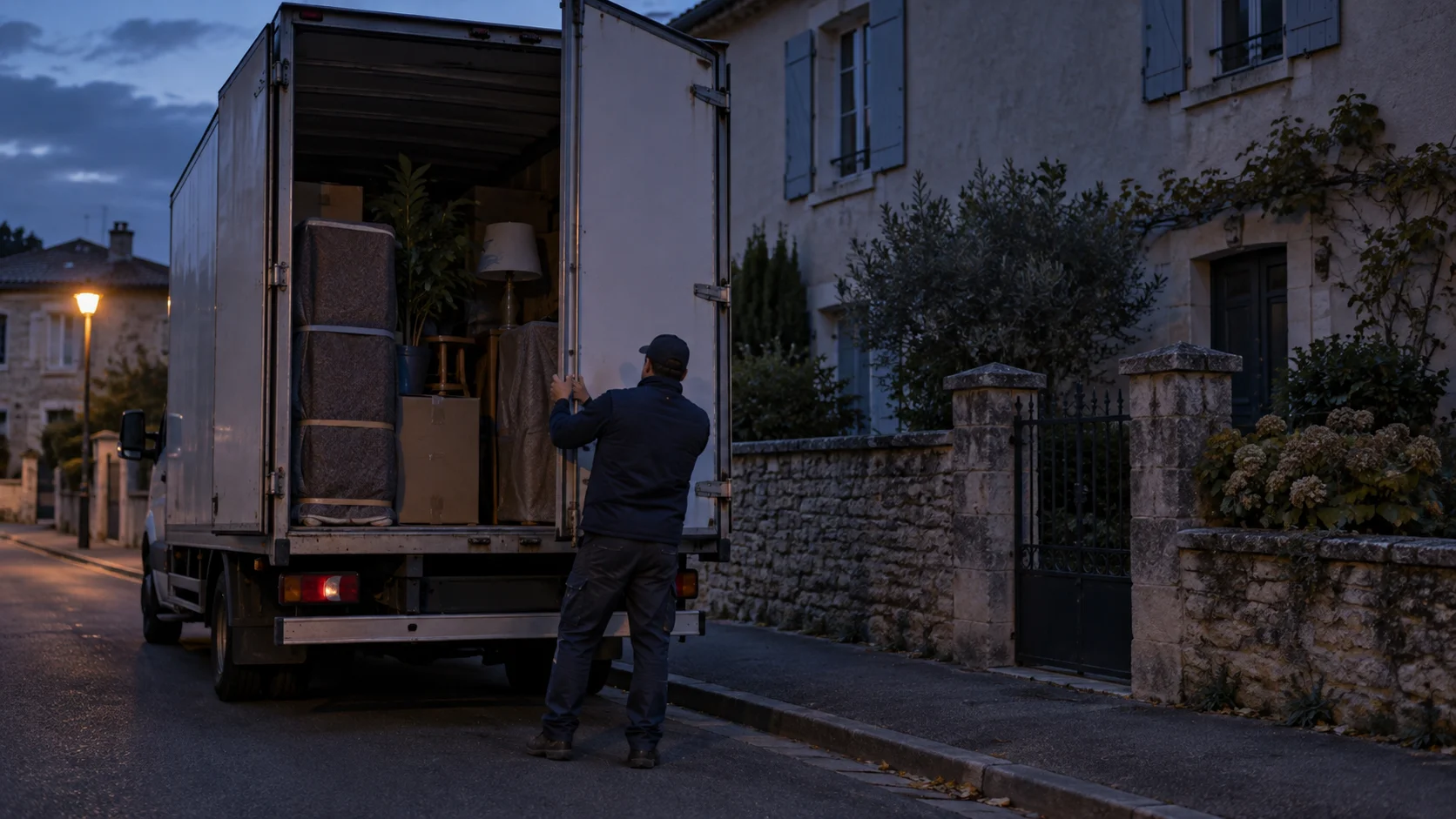 A mover stands at the open rear door of a loaded truck outside a stone French home at dusk, a street lamp glowing.